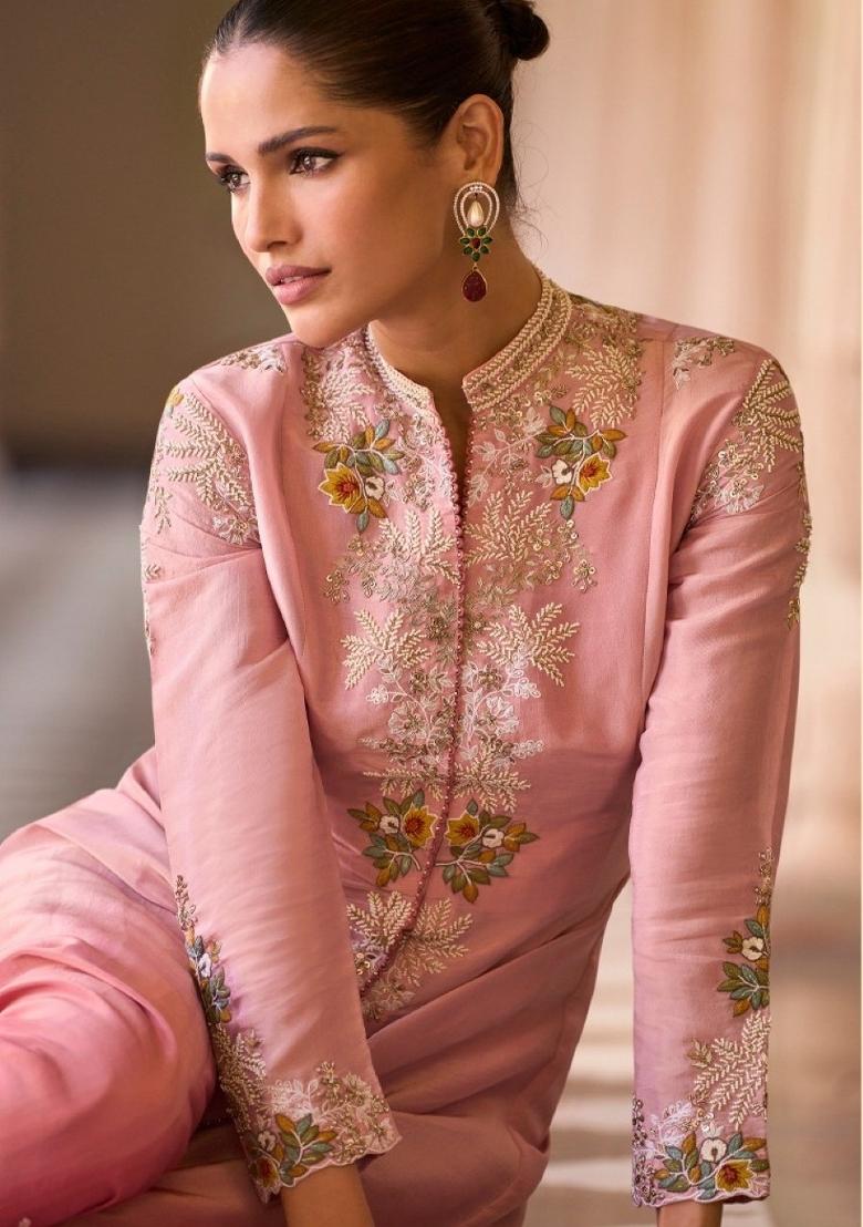 Pink Embroidered Silk Salwar Kameez - Indya