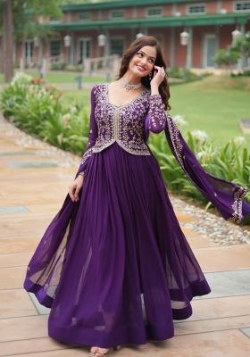 Purple Embroidered Georgette Anarkali With Dupatta