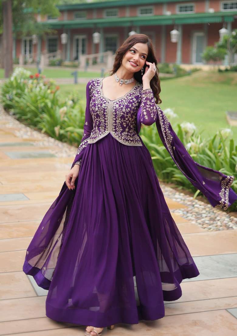 Purple Embroidered Georgette Anarkali With Dupatta - Indya