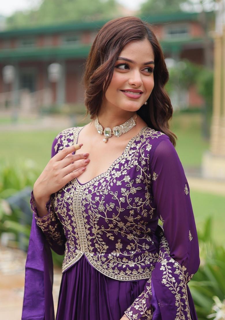 Purple Embroidered Georgette Anarkali With Dupatta - Indya
