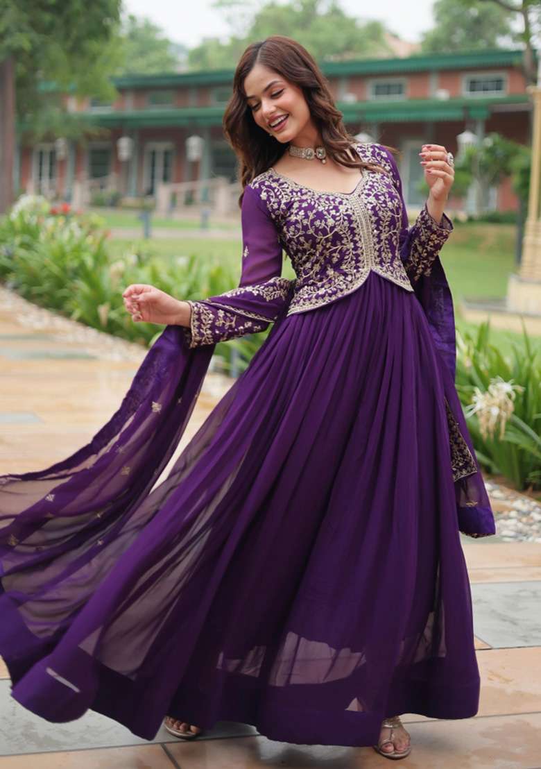 Purple Embroidered Georgette Anarkali With Dupatta - Indya