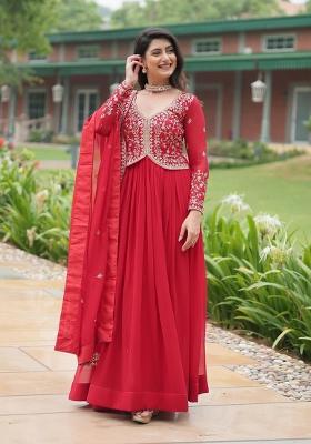 Red Embroidered Georgette Anarkali With Dupatta
