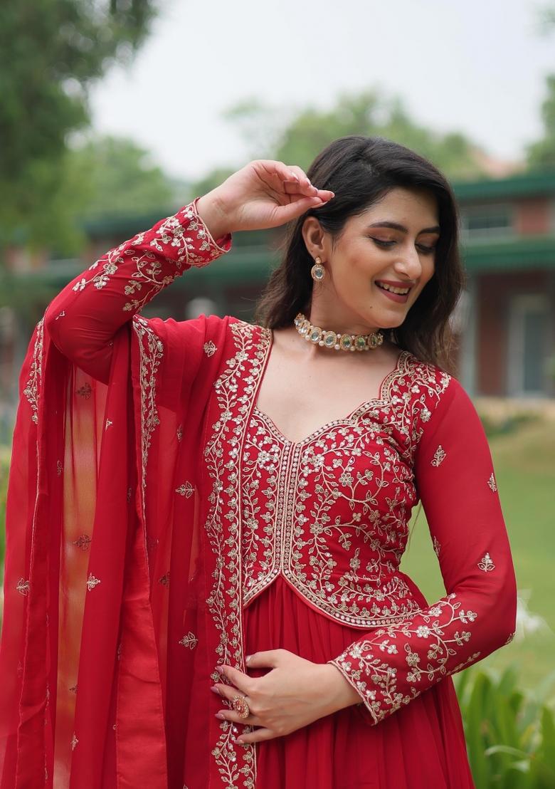 Red Embroidered Georgette Anarkali With Dupatta - Indya