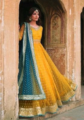 Yellow Sequin Work Net Anarkali Set