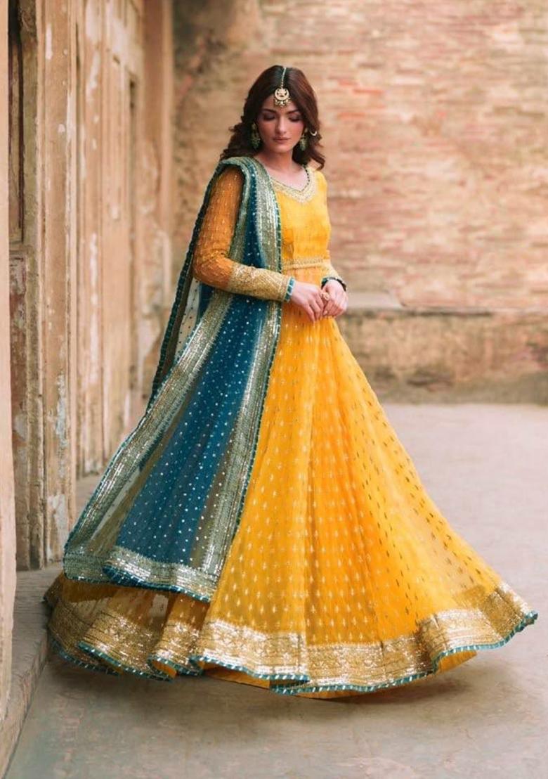 Yellow Sequin Work Net Anarkali Set - Indya