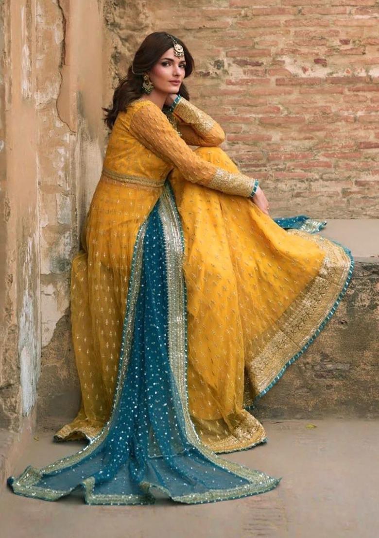 Yellow Sequin Work Net Anarkali Set - Indya