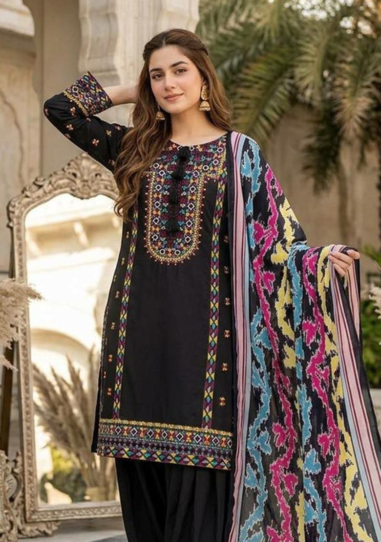 Black Embroidered Silk Salwar Kameez - Indya