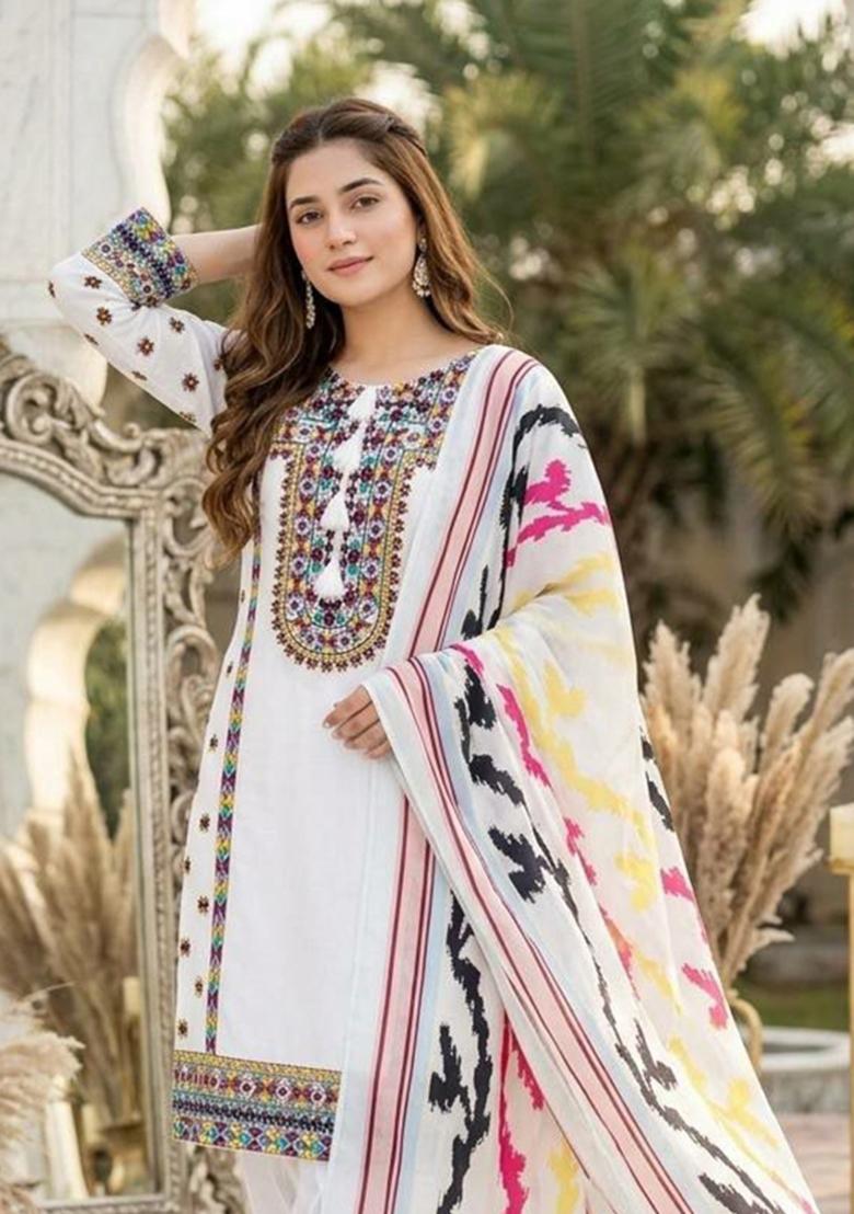 White Embroidered Silk Salwar Kameez - Indya