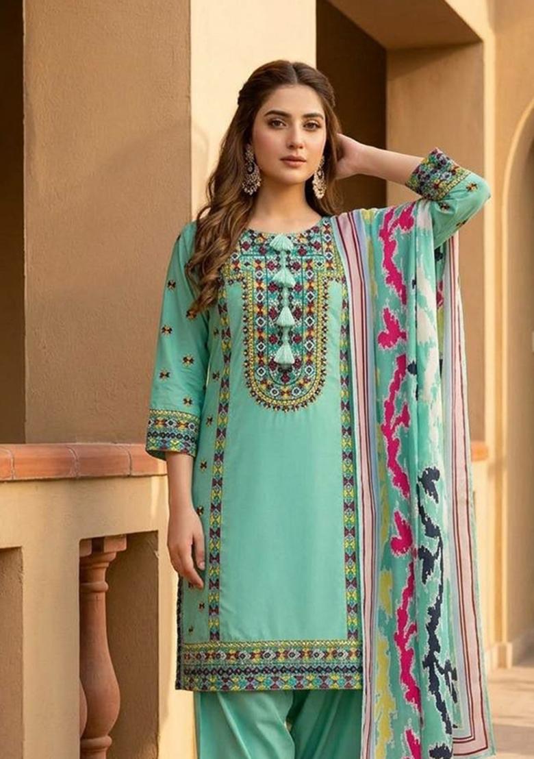Green Embroidered Silk Salwar Kameez - Indya