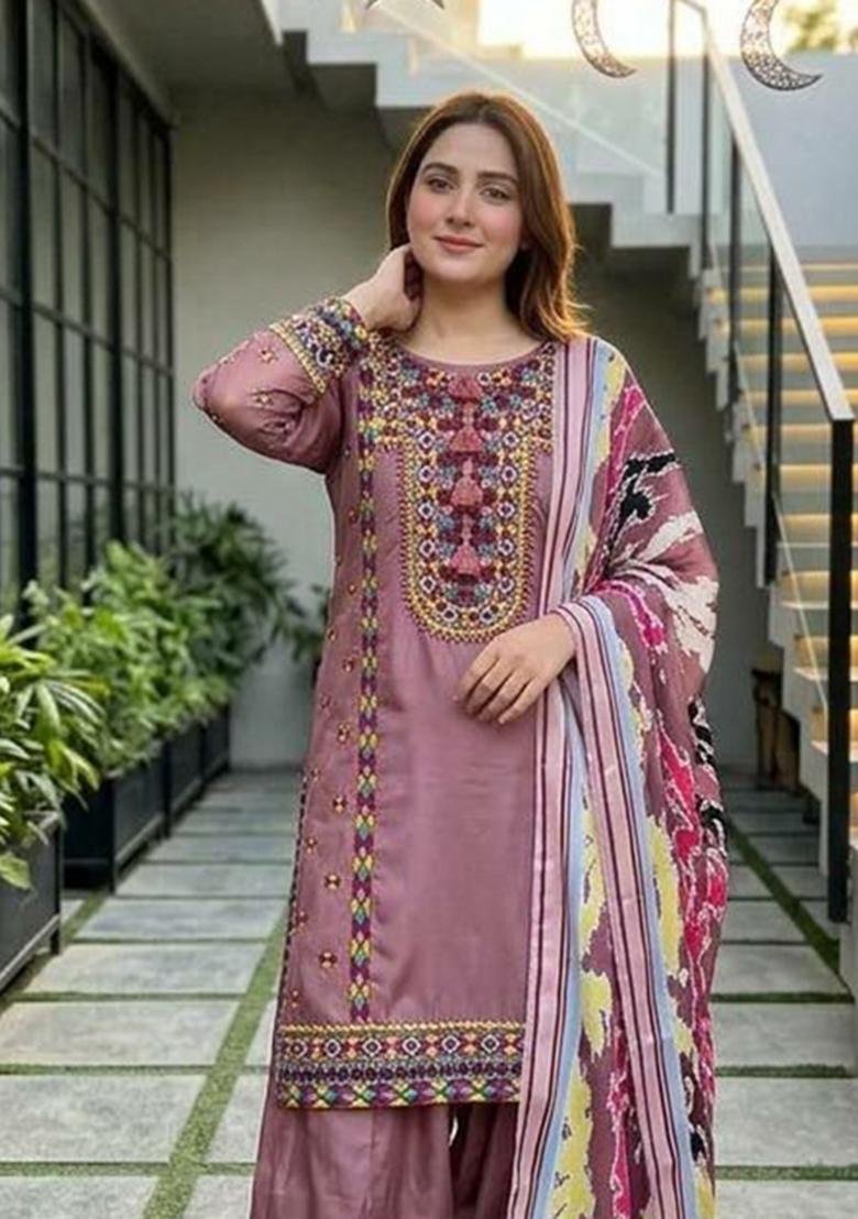 Pink Embroidered Silk Salwar Kameez - Indya
