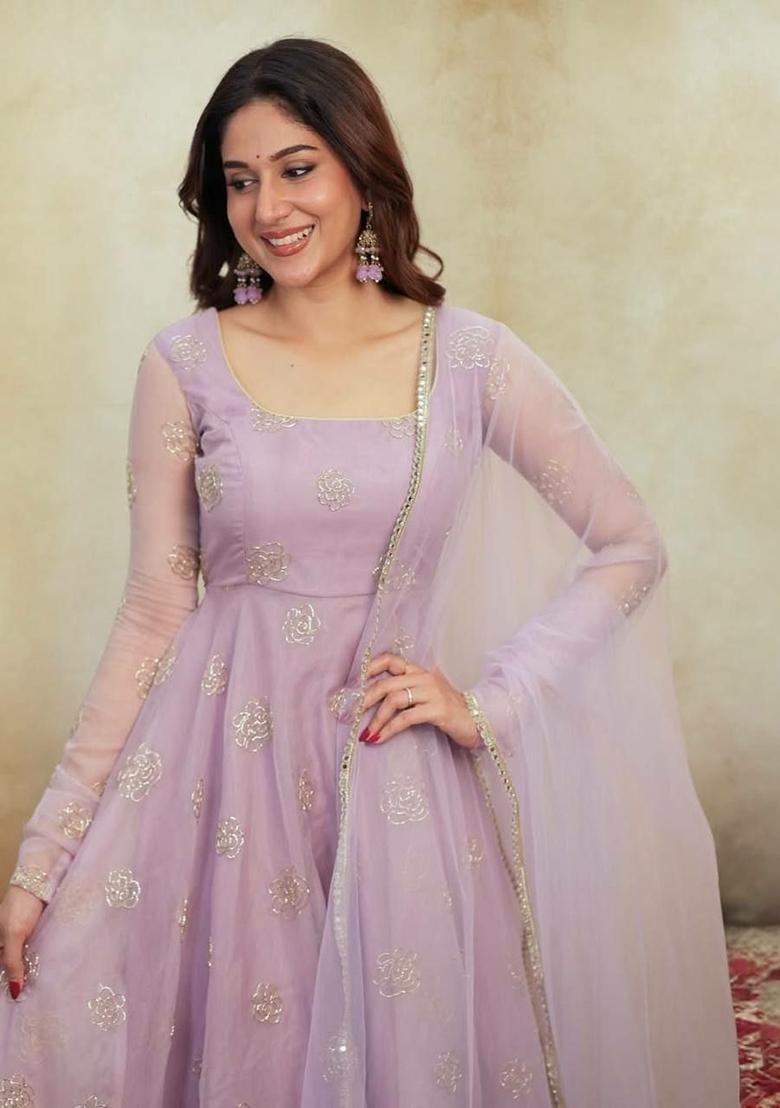 Pink Embroidered Organza Anarkali Set - Indya