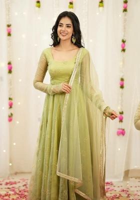 Green Embroidered Organza Anarkali Set