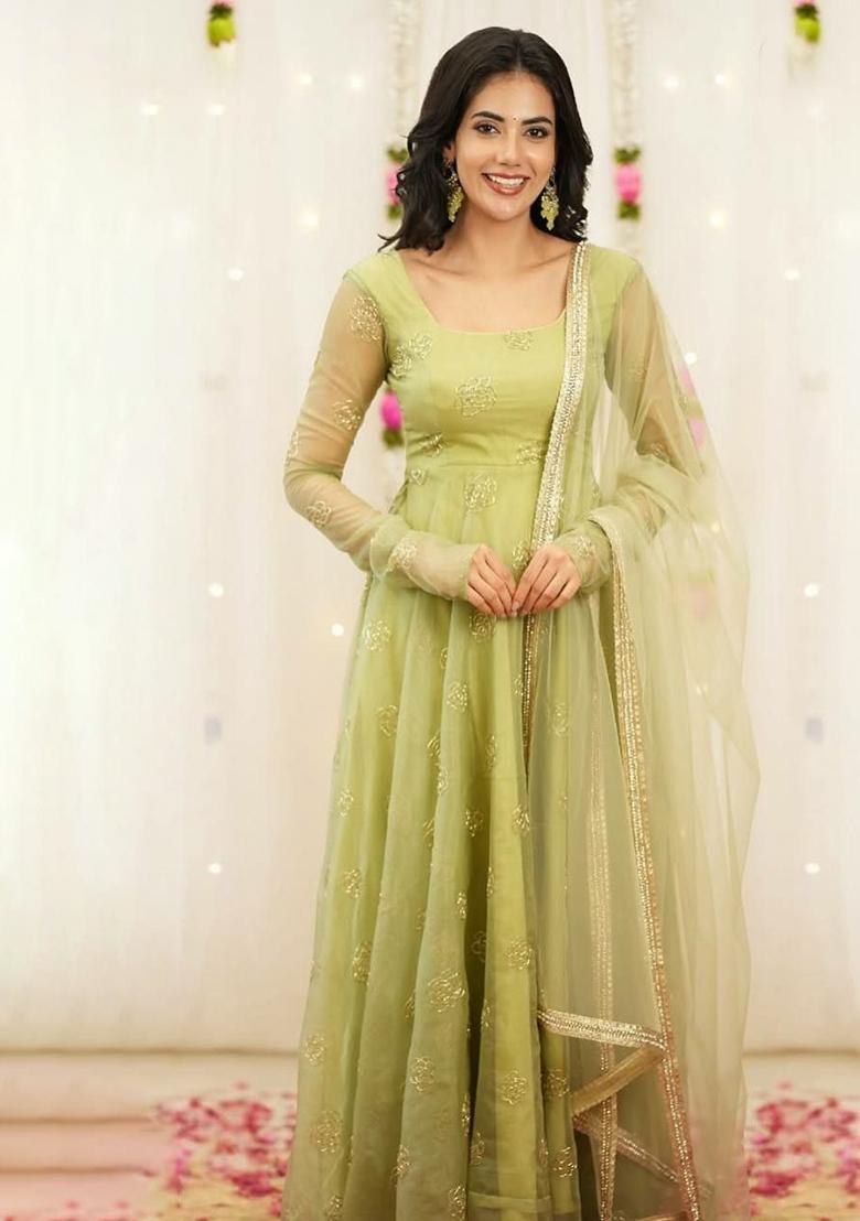 Green Embroidered Organza Anarkali Set - Indya