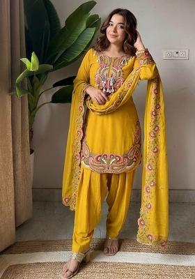 Yellow Embroidered Georgette Farshi Salwar Suit