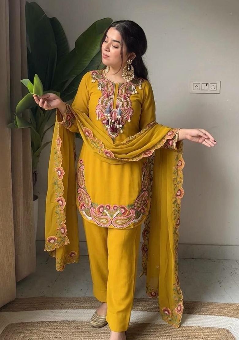 Yellow Embroidered Georgette Farshi Salwar Suit - Indya