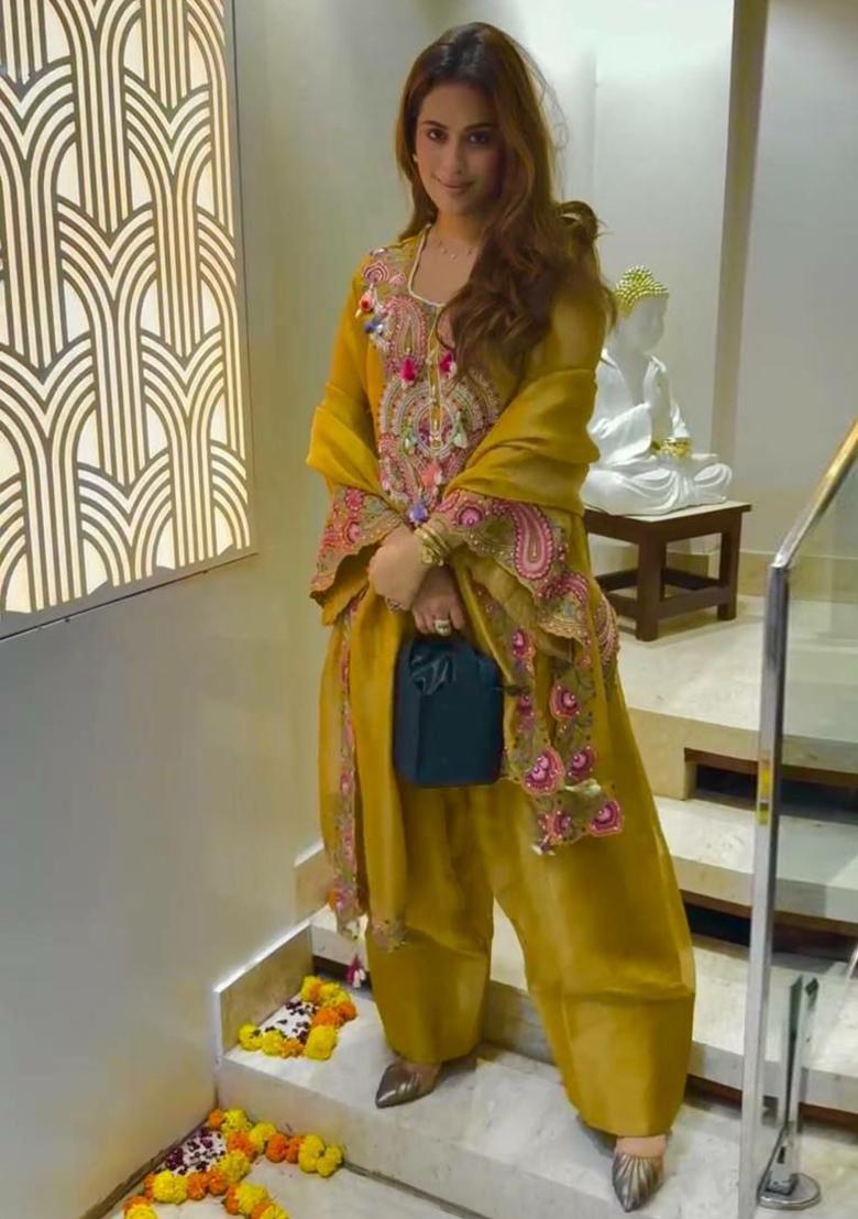 Yellow Embroidered Georgette Farshi Salwar Suit - Indya