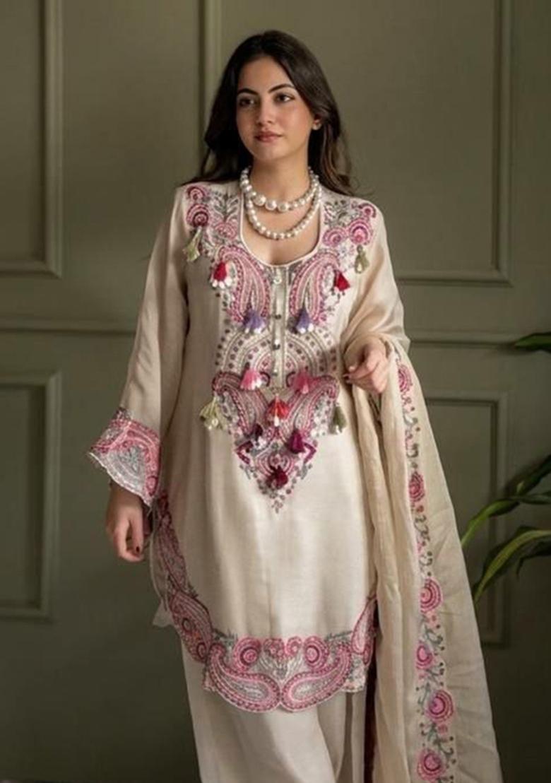 White Embroidered Georgette Farshi Salwar Suit - Indya