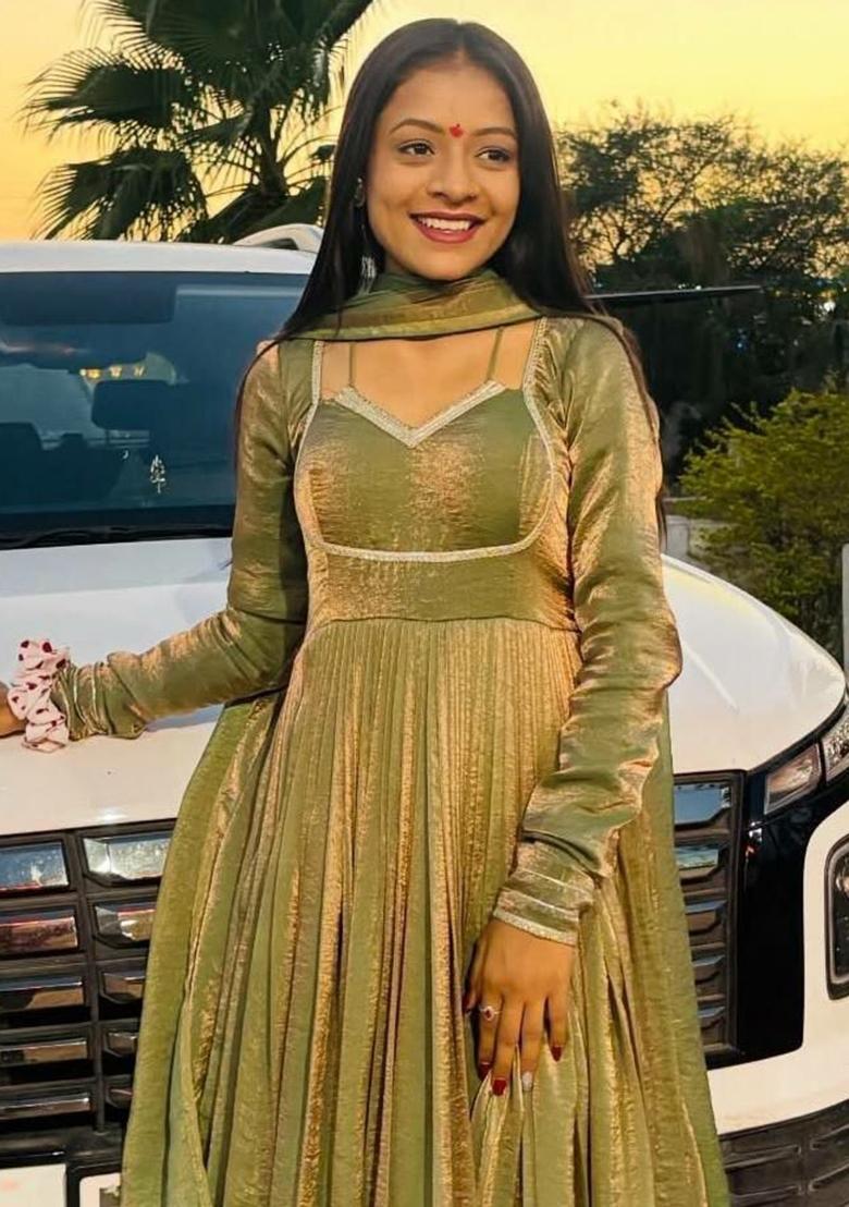 Green Lece Work Silk Anarkali Set - Indya