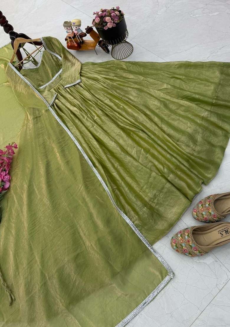 Green Lece Work Silk Anarkali Set - Indya