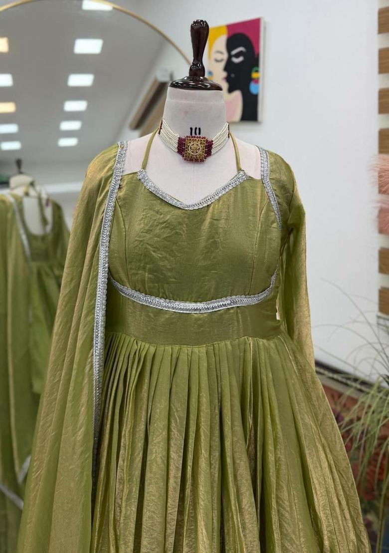 Green Lece Work Silk Anarkali Set - Indya