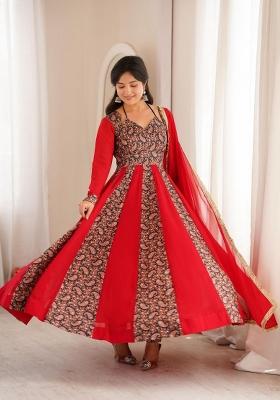 Red Embroidered Georgette Anarkali Set