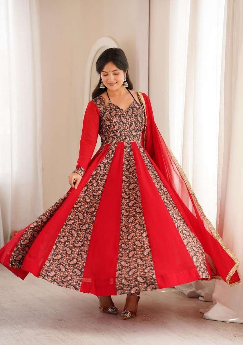 Red Embroidered Georgette Anarkali Set - Indya