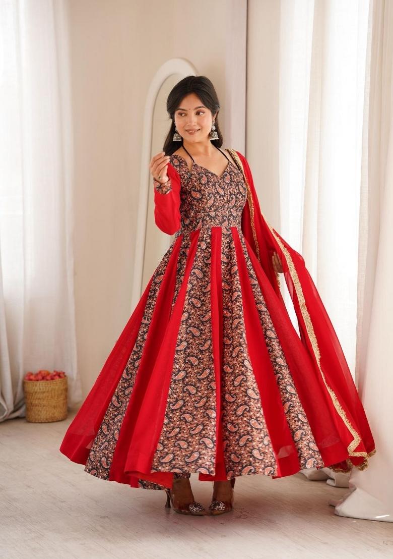 Red Embroidered Georgette Anarkali Set - Indya