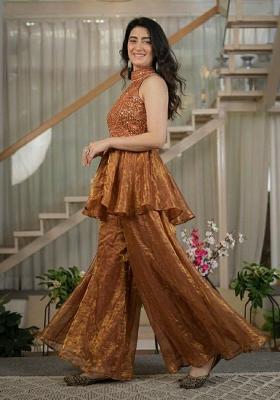 Brown Beads Work Silk Sharara Set