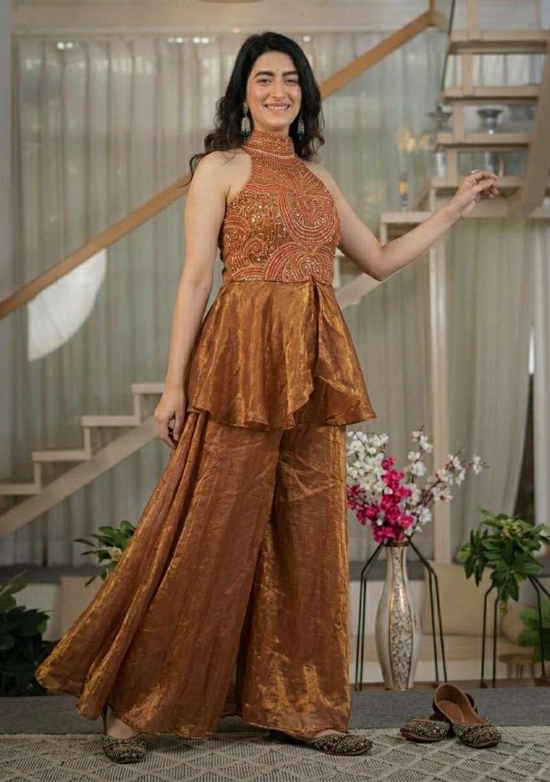 Brown Beads Work Silk Sharara Set - Indya