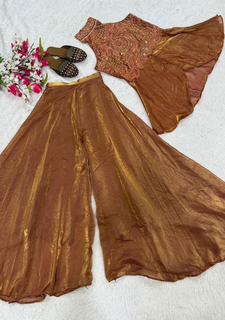 Brown Beads Work Silk Sharara Set - Indya