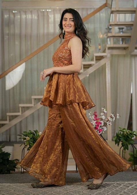 Brown Beads Work Silk Sharara Set