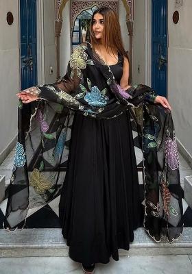 Black Sequin Work Crepe Anarkali Set