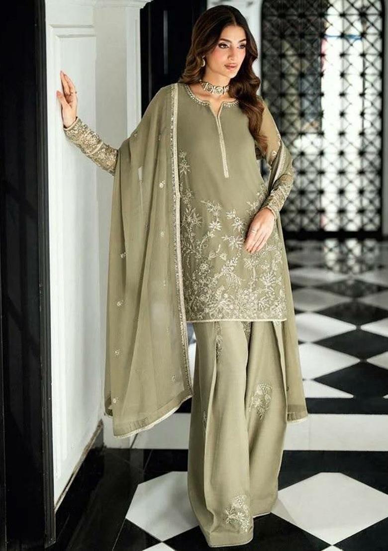 Green Sequin Work Georgette Pakistani Suit Set - Indya