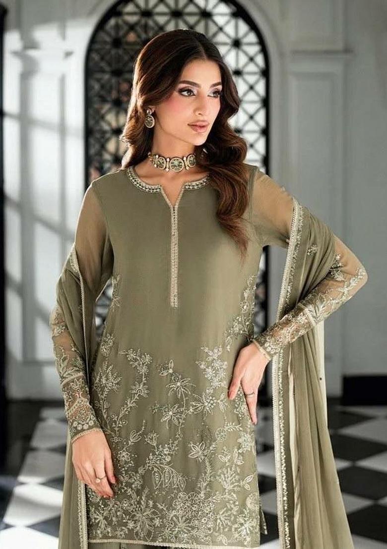 Green Sequin Work Georgette Pakistani Suit Set - Indya