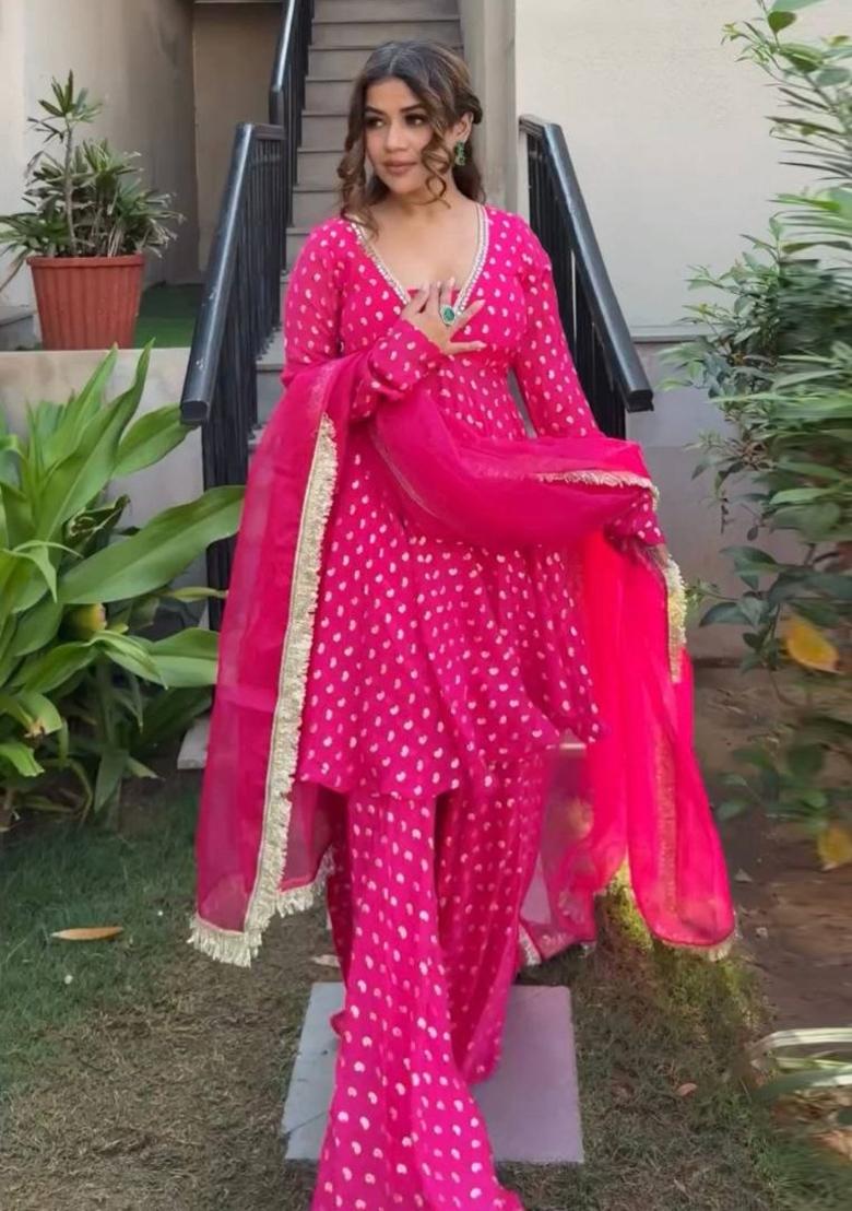 Pink Mirror Work Chanderi Sharara Set - Indya