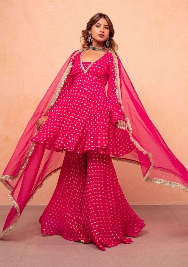 Pink Mirror Work Chanderi Sharara Set - Indya