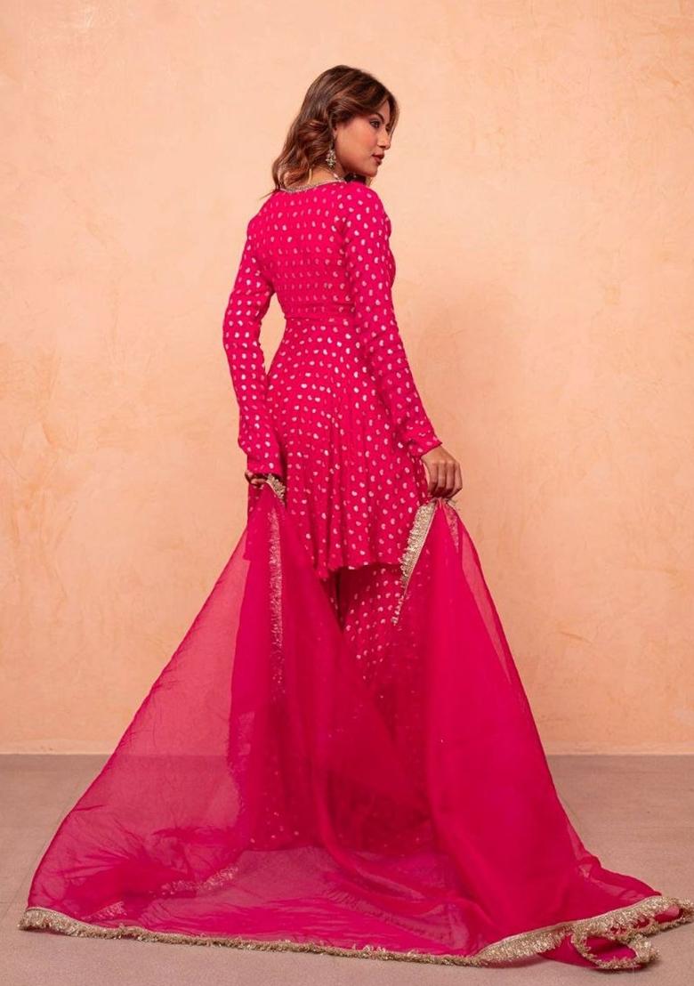 Pink Mirror Work Chanderi Sharara Set - Indya