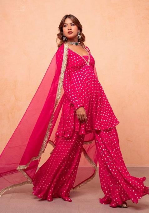 Pink Mirror Work Chanderi Sharara Set