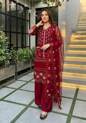 Red Sequin Work Net Sharara Set
