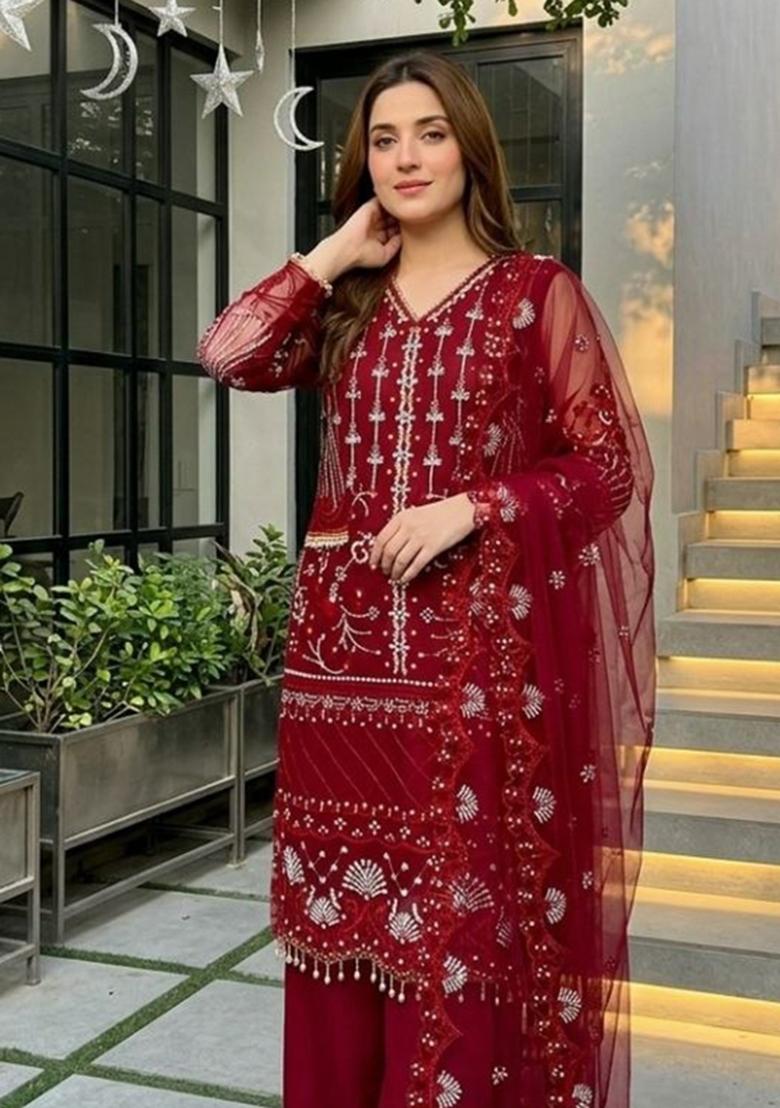 Red Sequin Work Net Sharara Set - Indya