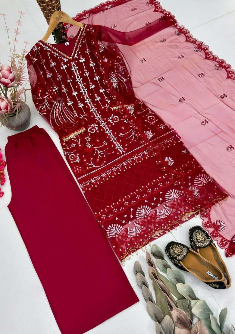 Red Sequin Work Net Sharara Set - Indya