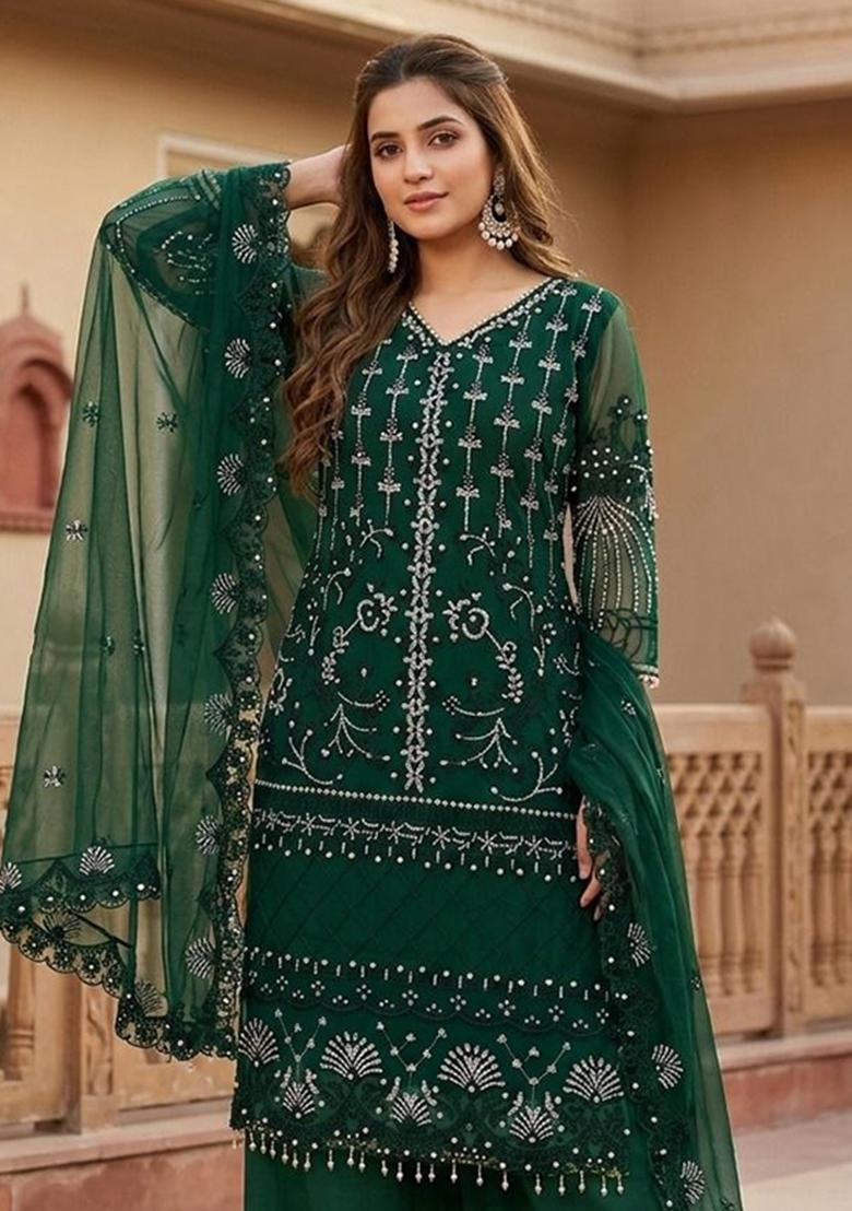 Green Sequin Work Net Sharara Set - Indya