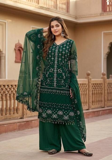 Green Sequin Work Net Sharara Set