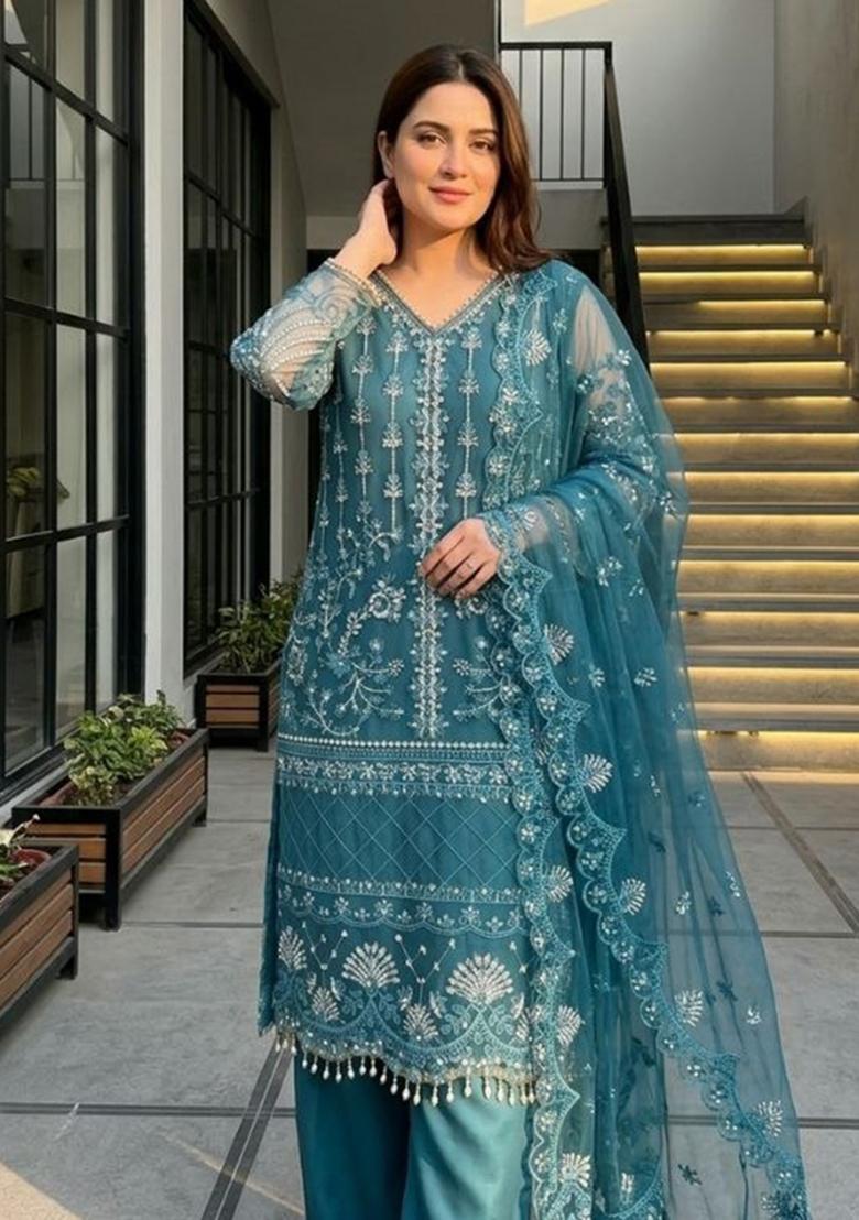 Blue Sequin Work Net Sharara Set - Indya
