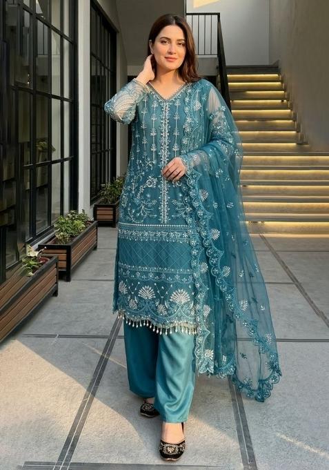 Blue Sequin Work Net Sharara Set