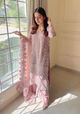Pink Sequin Work Net Sharara Set