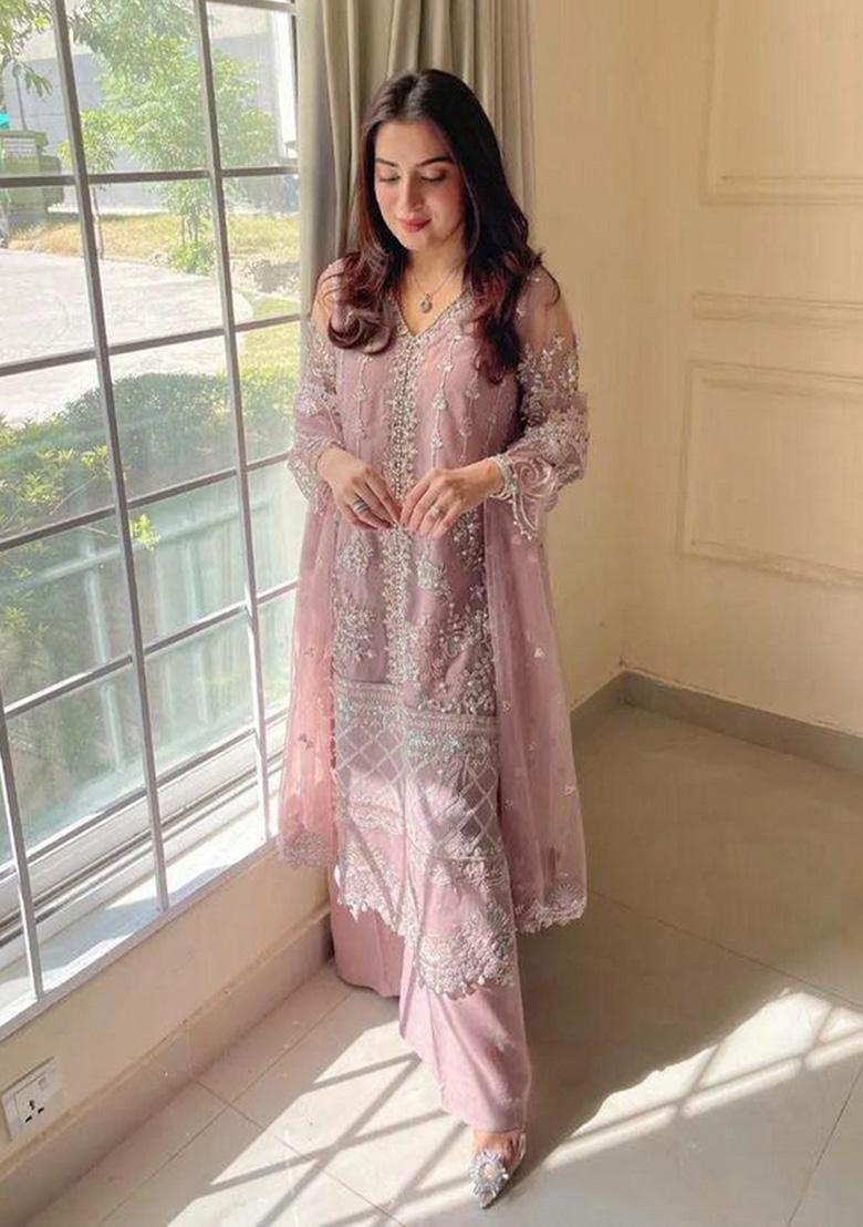 Pink Sequin Work Net Sharara Set - Indya