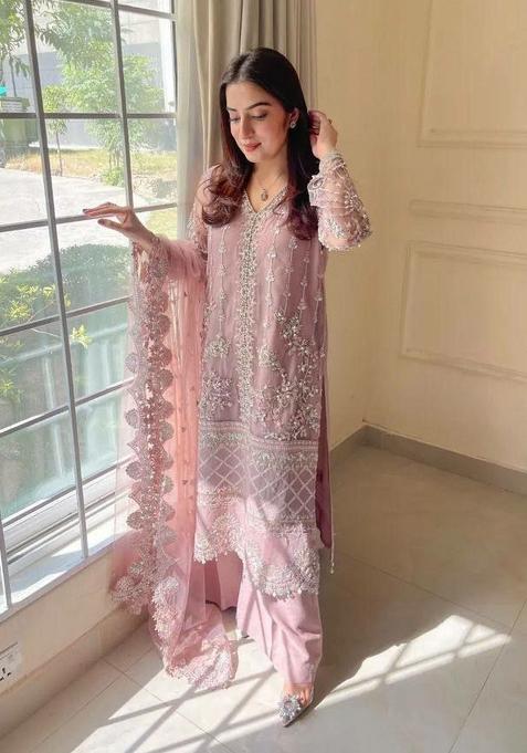 Pink Sequin Work Net Sharara Set