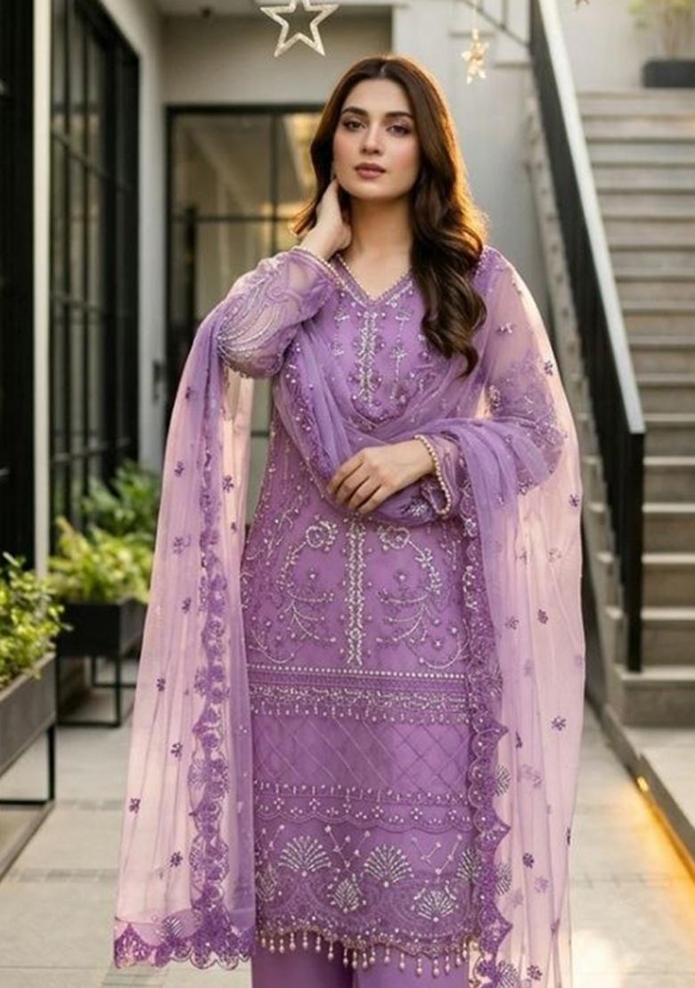 Purple Sequin Work Net Sharara Set - Indya