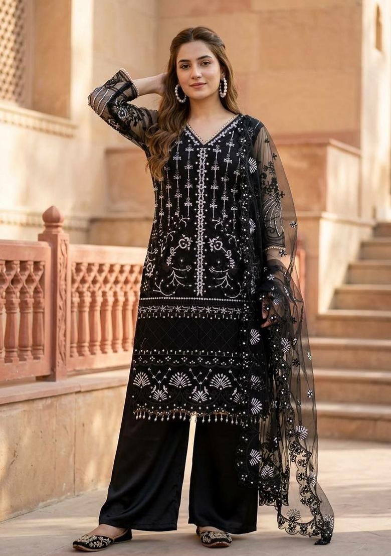 Black Sequin Work Net Sharara Set - Indya